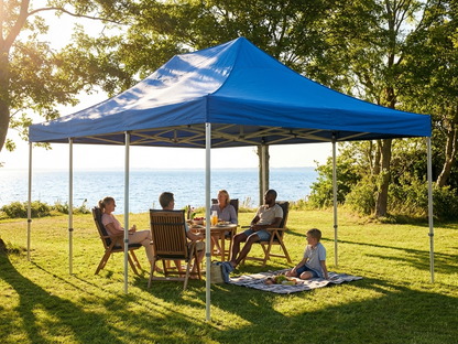 Blue pop-up gazebo with steel frame providing UV and water resistance