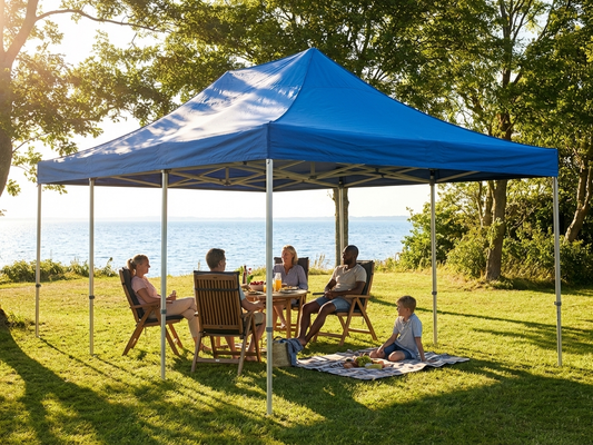 Blue pop-up gazebo with steel frame providing UV and water resistance