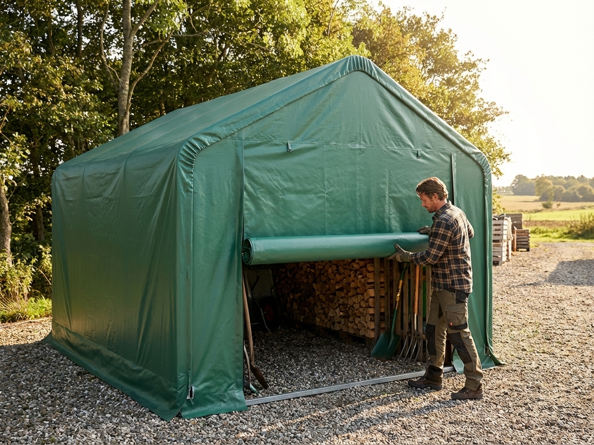 Green PVC storage shelter end wall for outdoor use