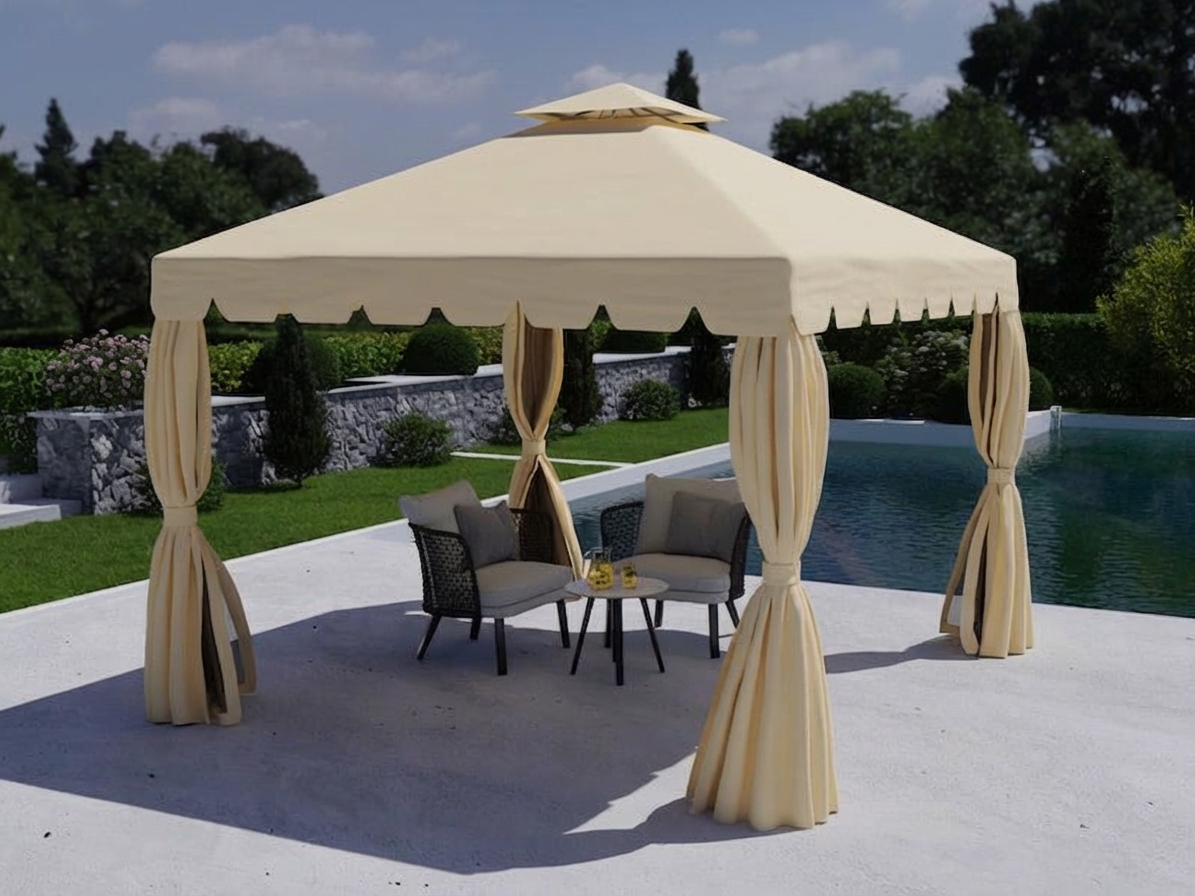 Sand-coloured 3x3 m gazebo with polyester roof and steel frame