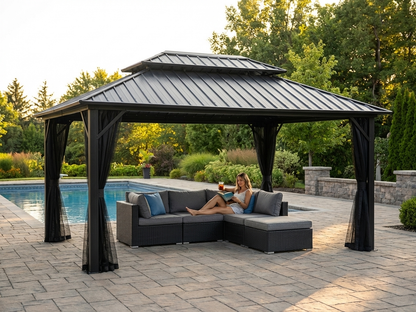 Black gazebo with curtains and mosquito net, 3.65x4.85m