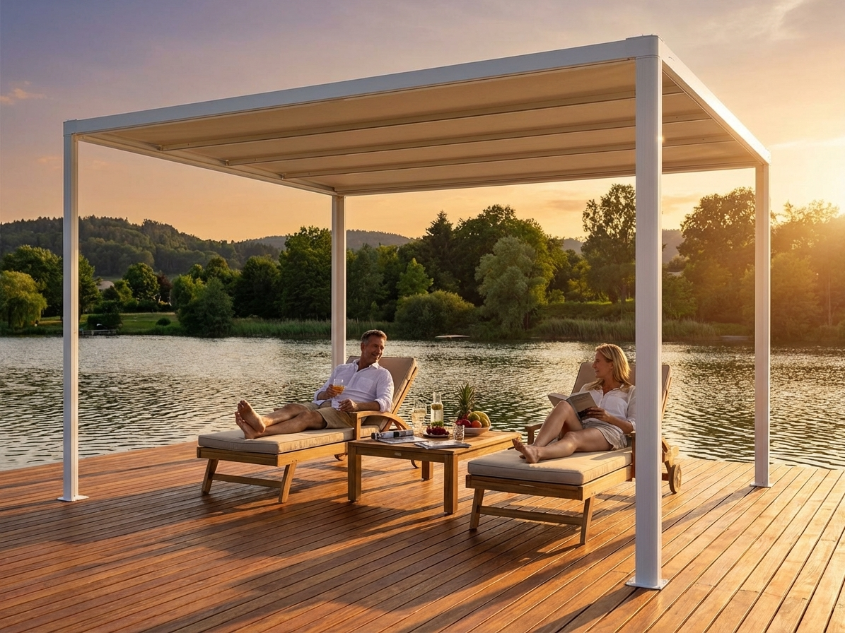 White and beige pergola gazebo with aluminium frame