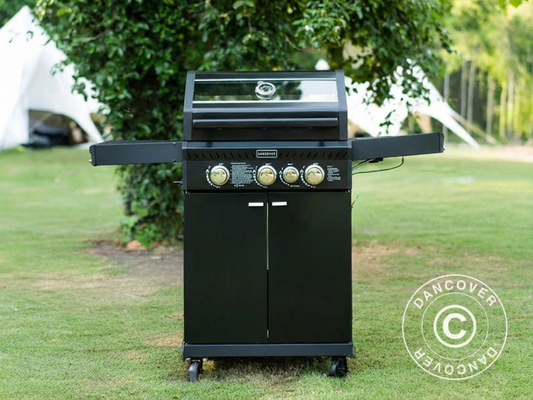 Black BBQ gas grill with powder coated steel for outdoor cooking