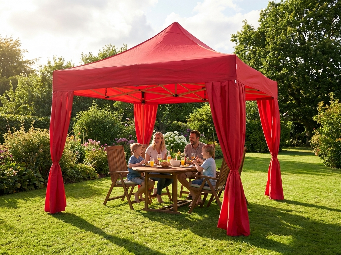 Red pop up gazebo with steel frame and decorative curtains - product detail