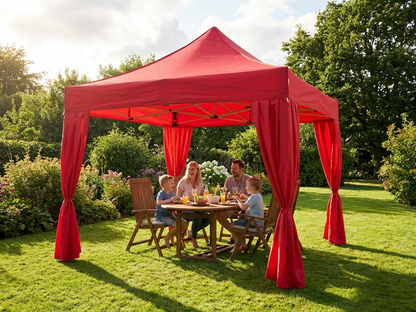 Red pop up gazebo with steel frame and decorative curtains - product detail