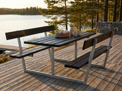 Black picnic table made of pinewood with galvanised steel frame - product detail