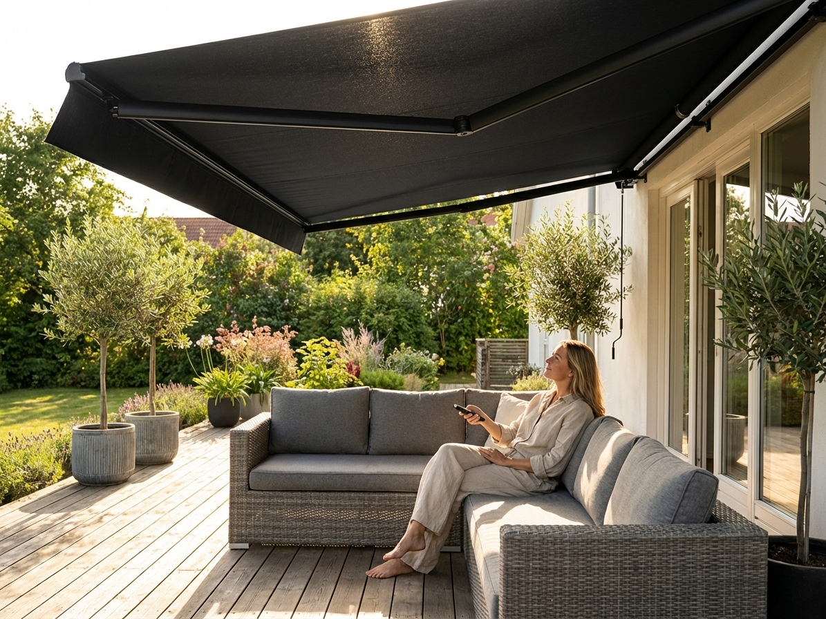 Black awning with remote control for outdoor use