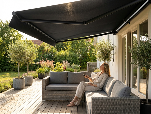 Black awning with remote control for outdoor use