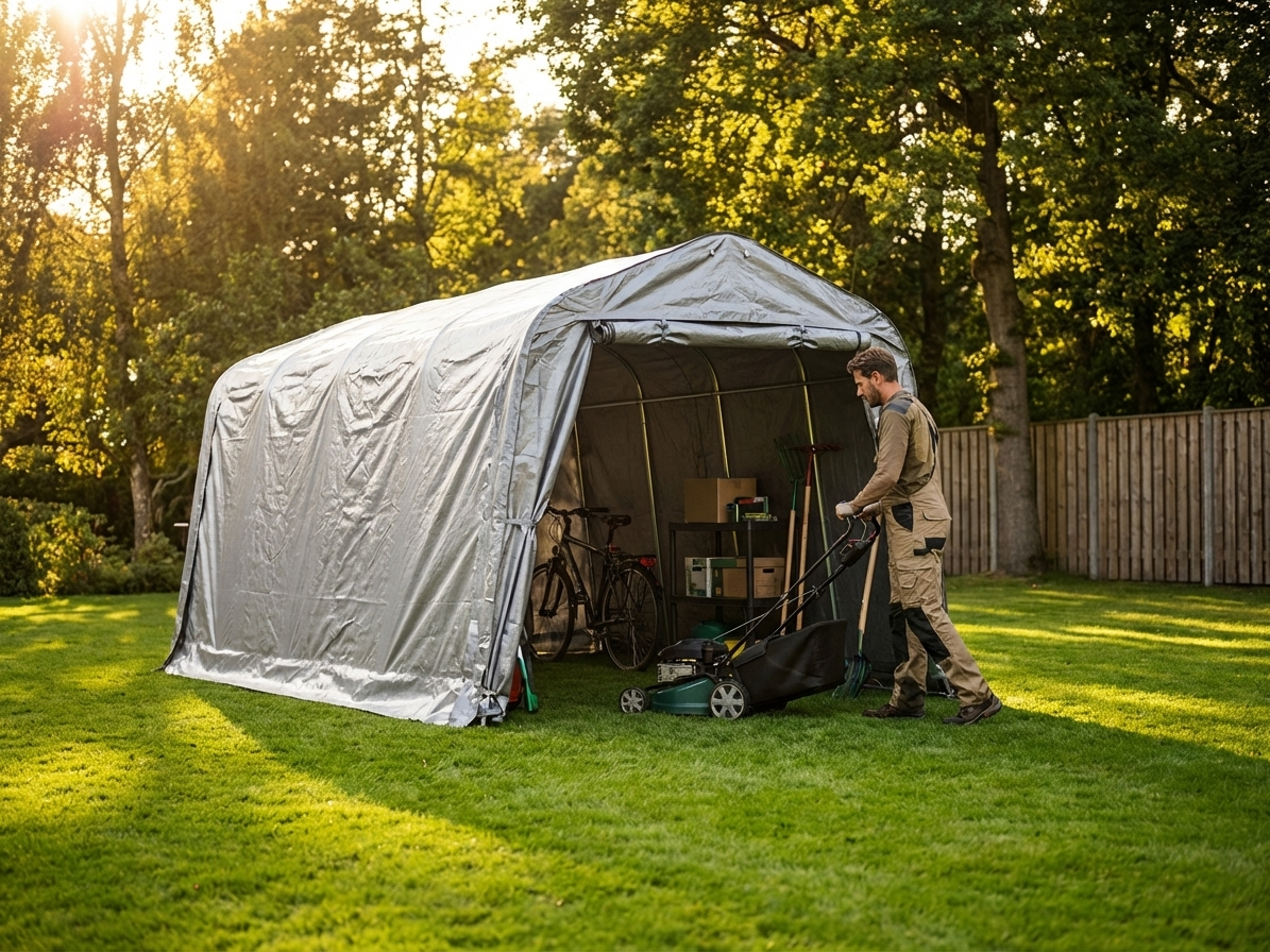 Grey storage tent 2.4x6m with PE tarpaulin and steel frame