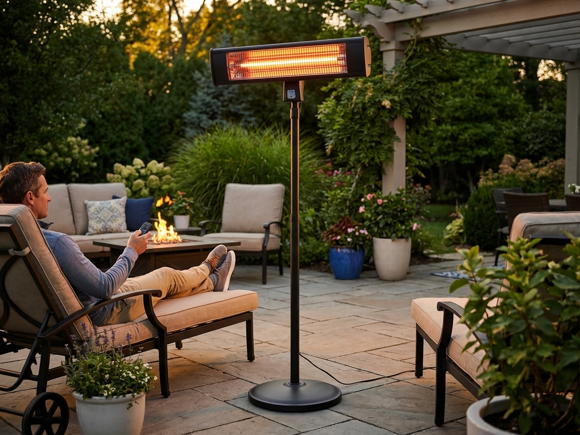 Black patio heater standing outdoors, offering warmth and style - view 3