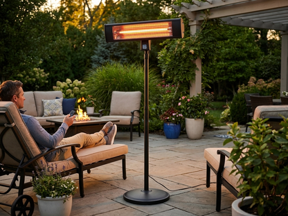 Black patio heater standing outdoors, offering warmth and style - view 3