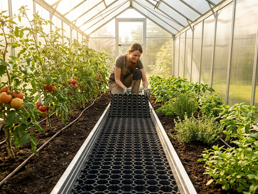 Greenhouse track separator made of galvanised steel and HDPE for ground reinforcement - product detail
