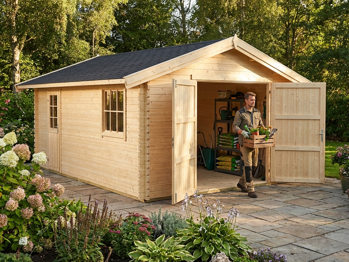 Wooden garage made of Nordic Spruce in natural finish
