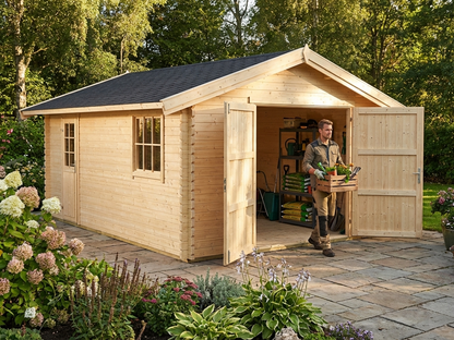 Wooden garage made of Nordic Spruce in natural finish