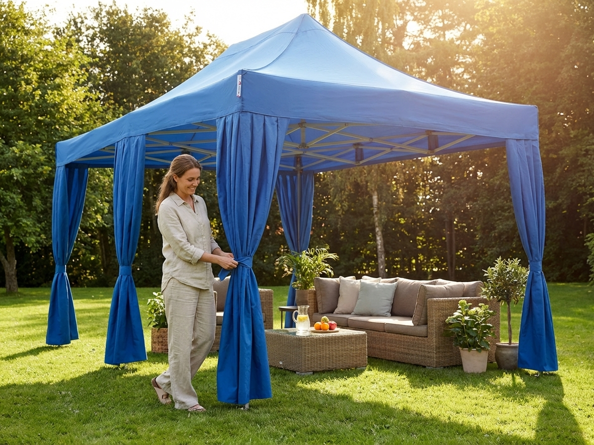 Blue curtain set for event tents with UV and water resistance