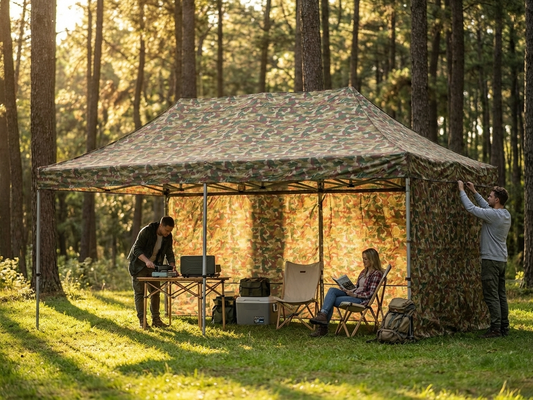 Camouflage pop-up gazebo with steel frame for outdoor use