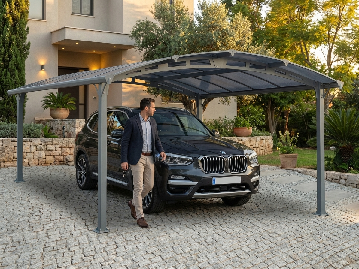 Grey polycarbonate carport with aluminium frame - view 3
