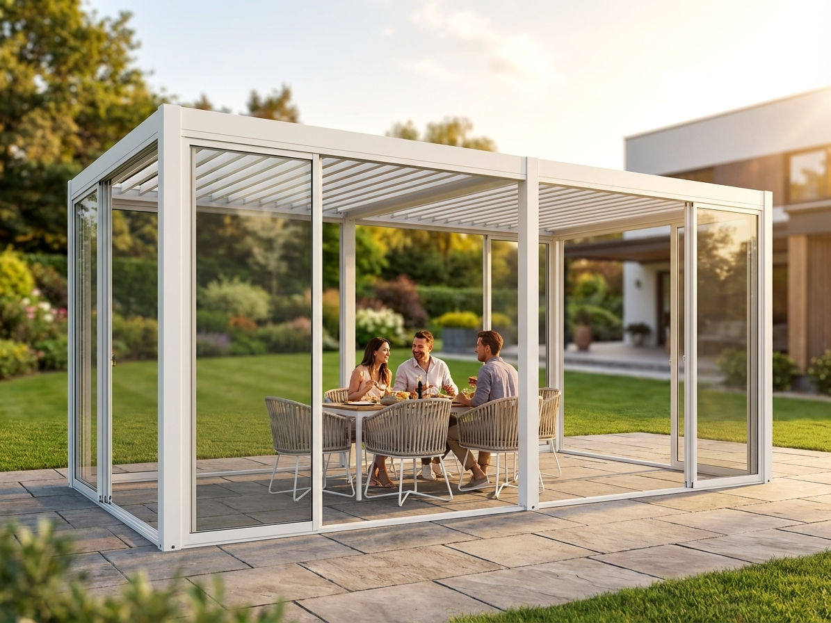 Bioclimatic pergola gazebo with aluminium and glass, 4x5.8m white - view 3