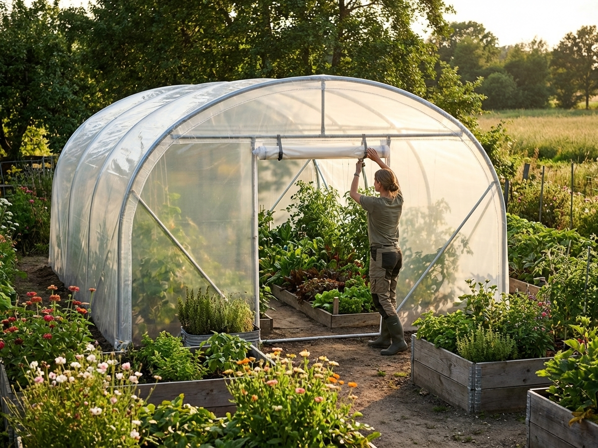 Transparent polytunnel endwall door for greenhouse, 3.6m wide