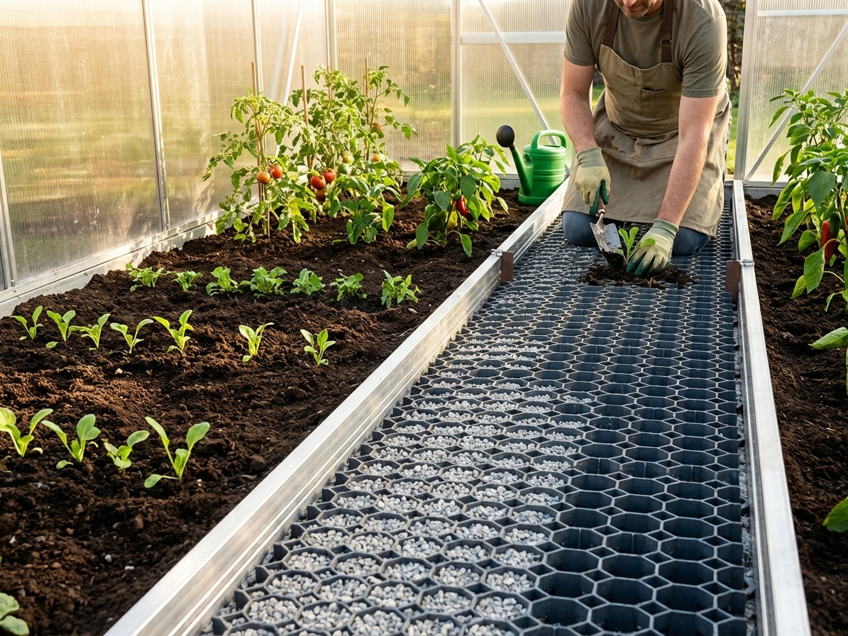 Greenhouse track separator for ground reinforcement