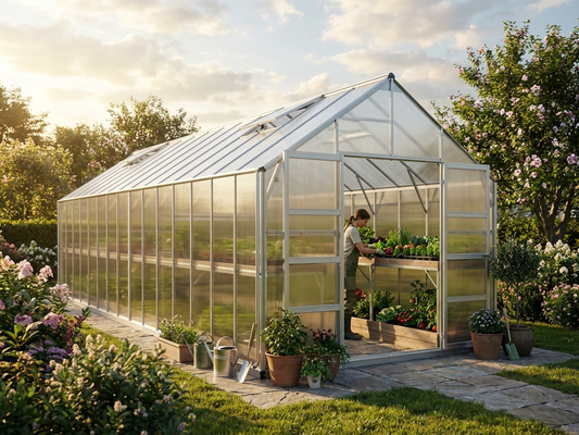 Polycarbonate greenhouse with galvanised steel frame in silver