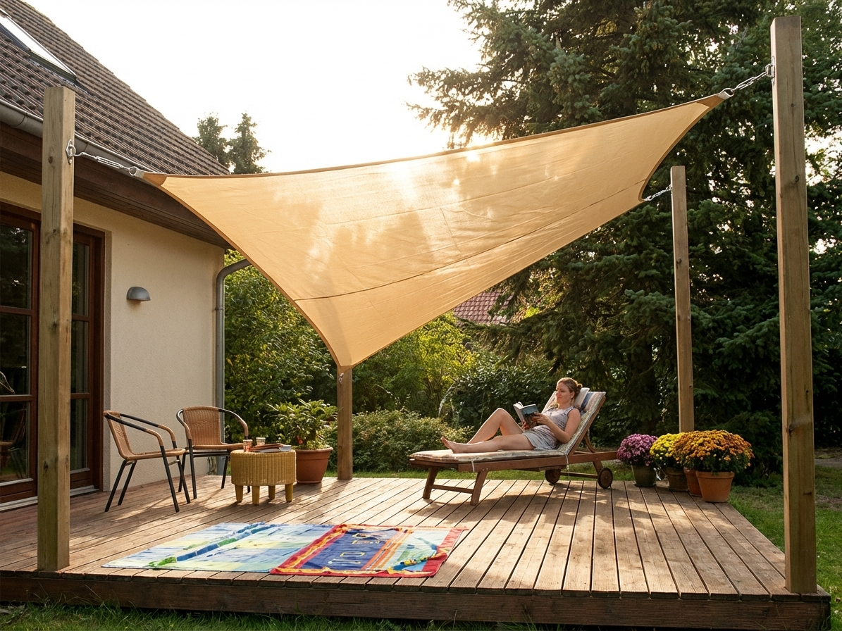 Sand coloured sun sail for outdoor shade