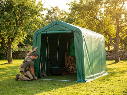 Green PVC roof cover for storage shelter, size 5x8m