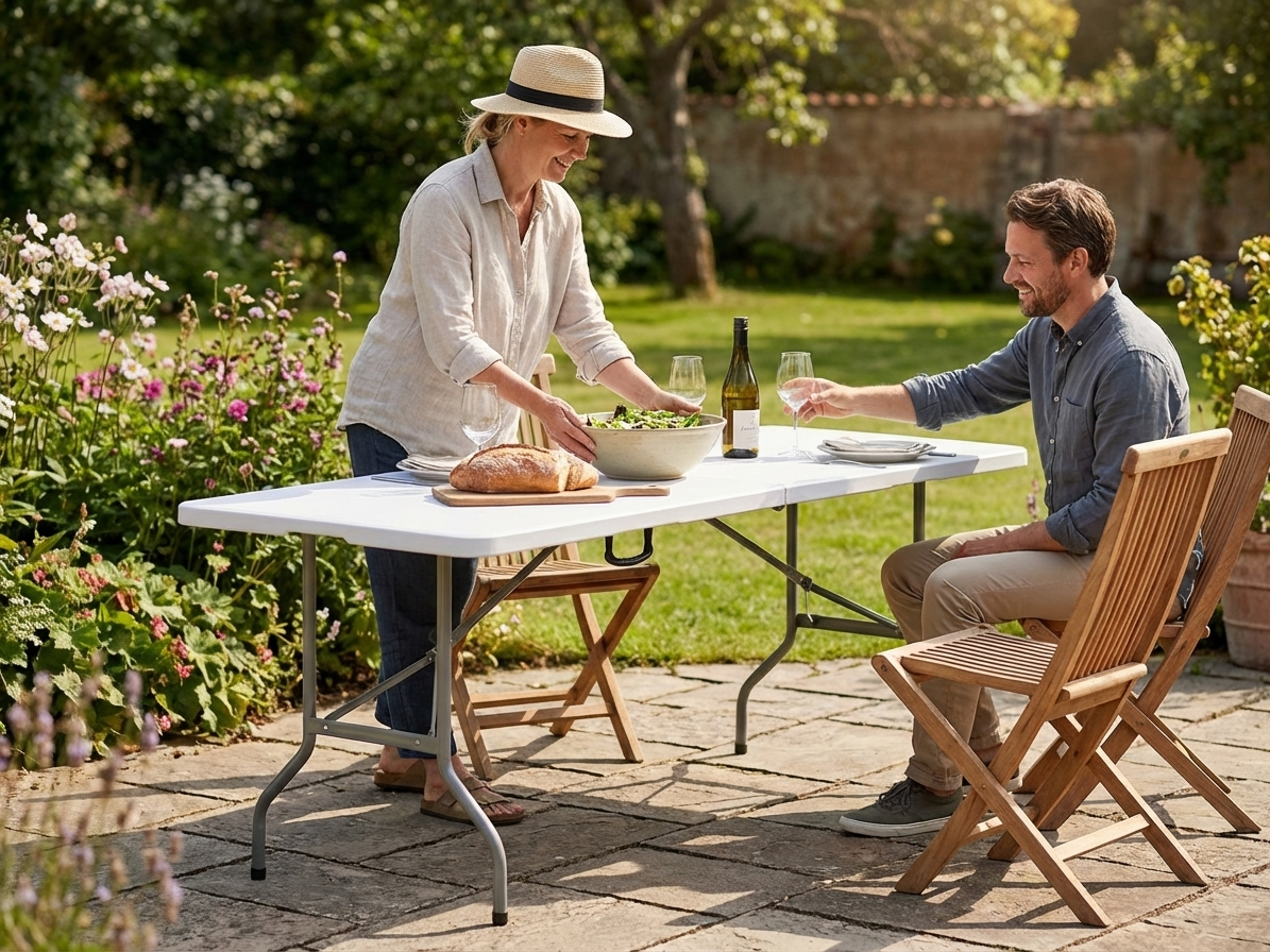 Folding table in light grey, durable HDPE and steel, 180x74 cm