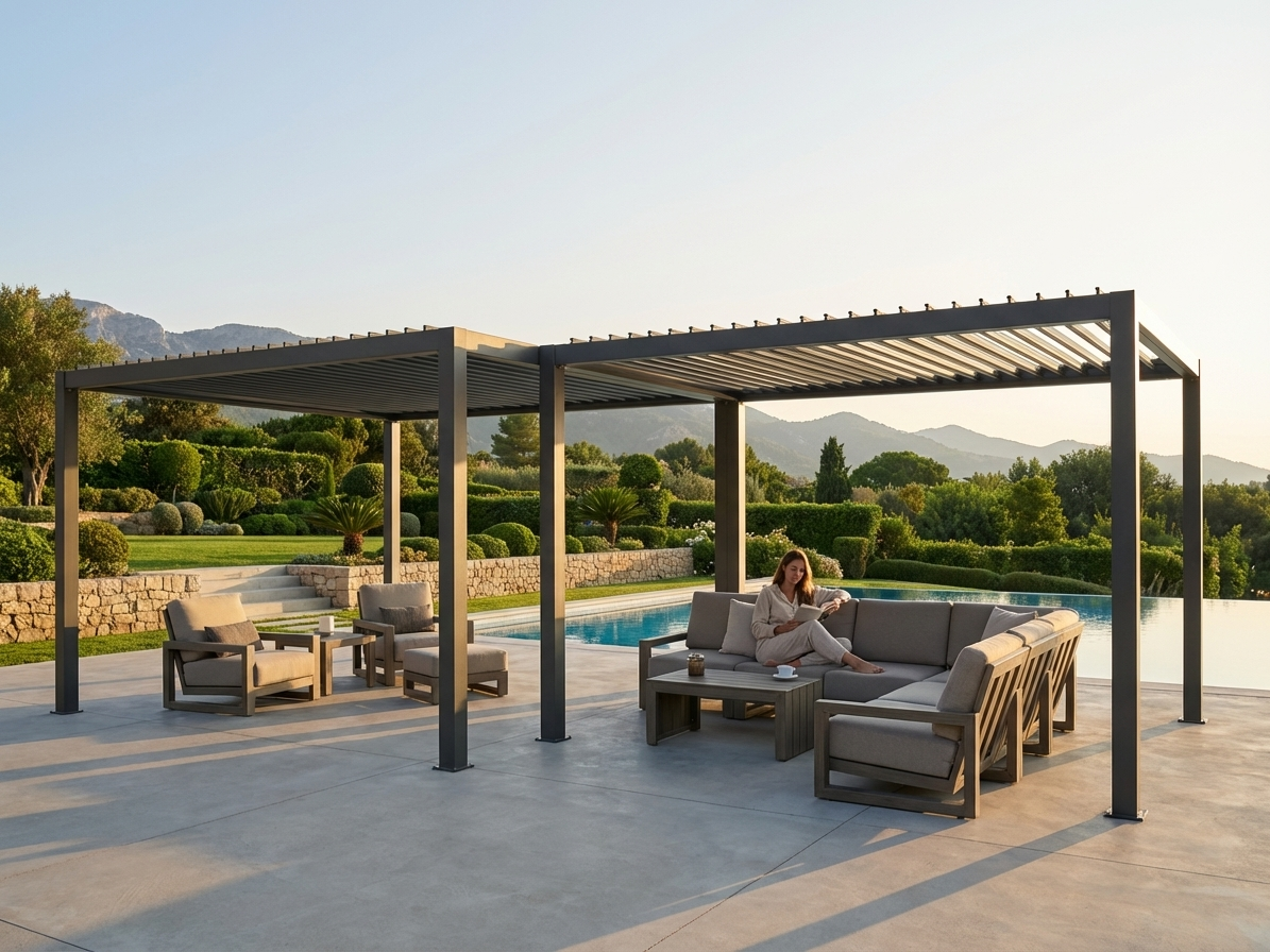 Black bioclimatic pergola gazebo made of aluminium for outdoor use