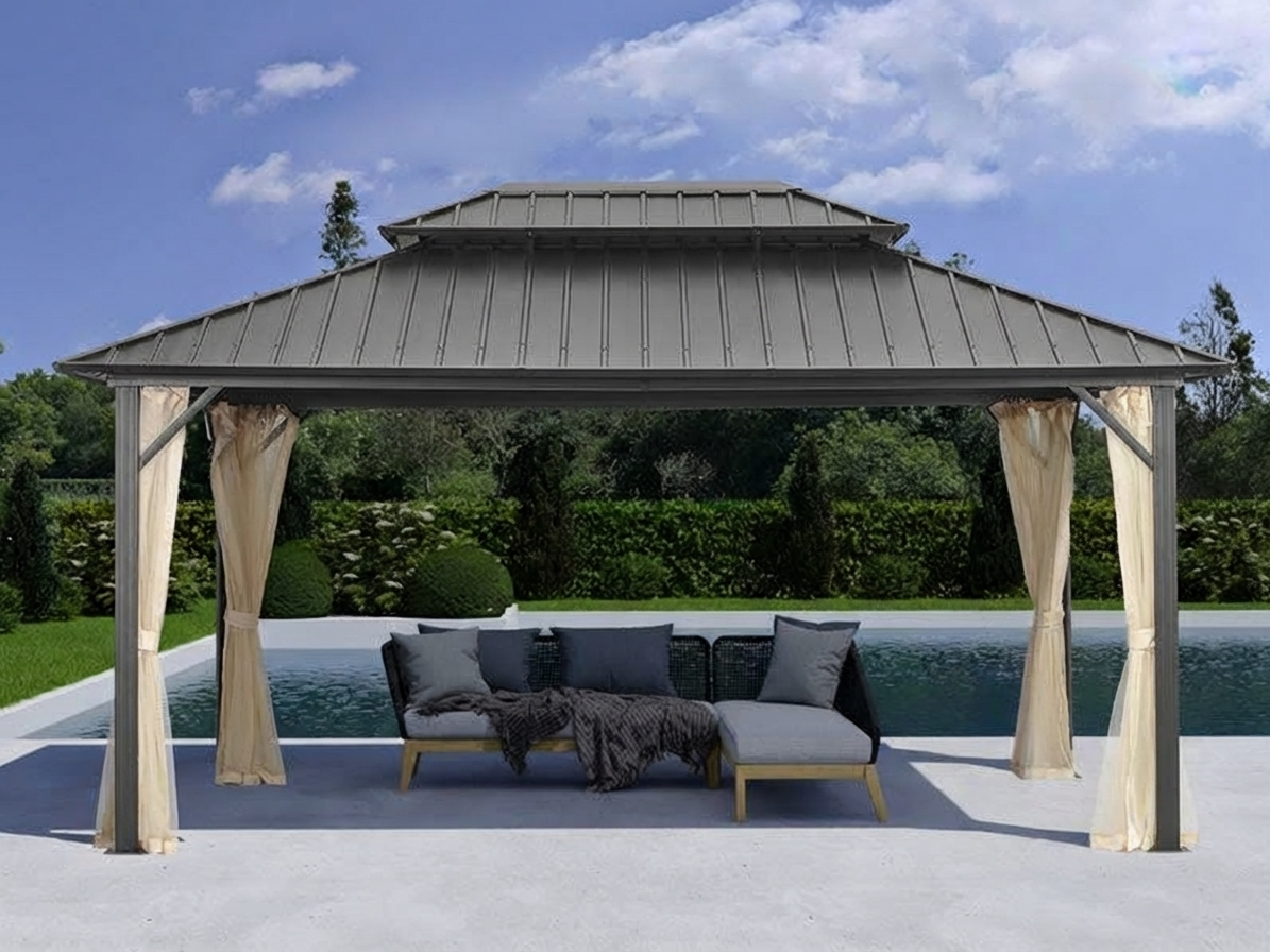 Outdoor gazebo in black and ecru with curtains and mosquito net - product detail