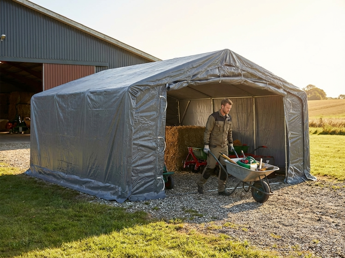 Grey PVC storage shelter with steel frame for industrial use - view 3