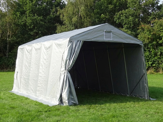 Portable garage in grey with polyethylene tarpaulin and steel frame