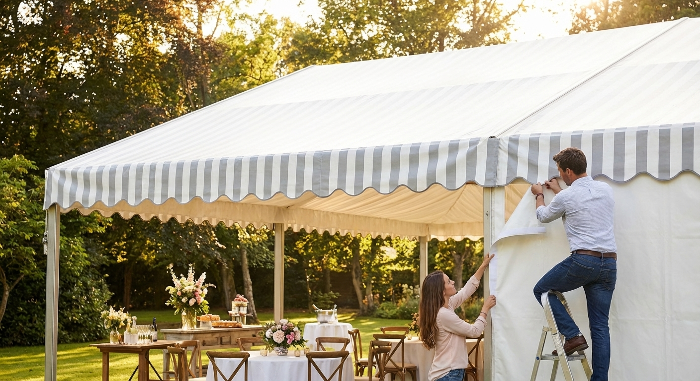 Marquee roof cover 6x12 m in white and grey made from strong PVC