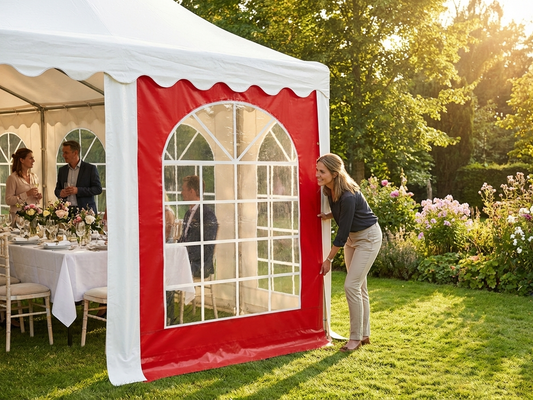 Red marquee sidewall with window, suitable for outdoor events - product detail