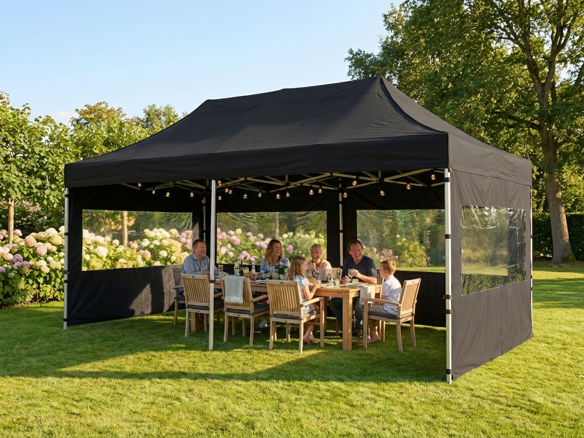 Black pop-up gazebo with aluminium frame, 3x6m size, for outdoor events