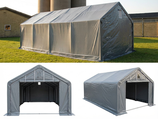 Grey storage shelter 5x8m with galvanised steel frame for outdoor use