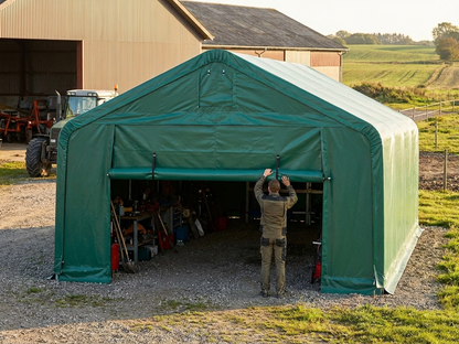 Green PVC storage shelter end wall, fire safe and UV-resistant
