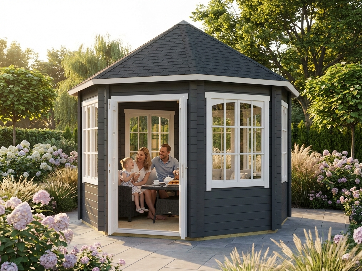 Octagonal wooden gazebo in dark grey, made from Nordic Spruce - view 3