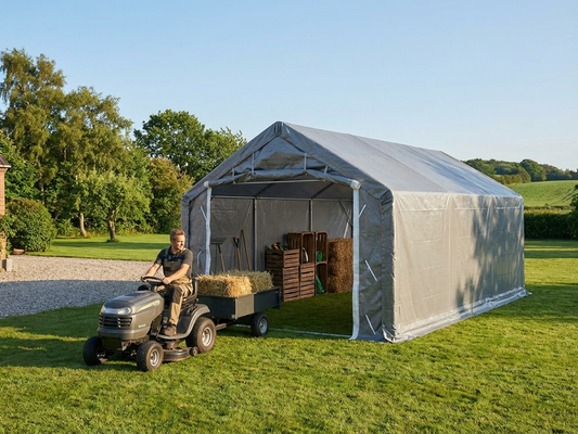 Grey storage shelter 4x8m with polyethylene tarpaulin