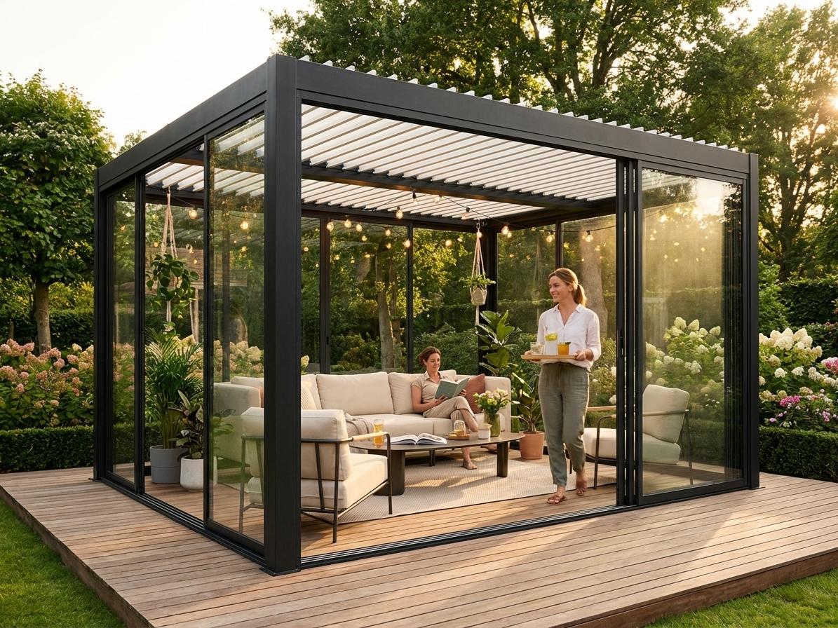 Bioclimatic pergola gazebo with sliding doors in black and white - view 3