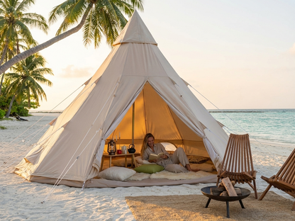 Luxury glamping tent in sand colour, 5x5 meters, cotton canvas material - product detail