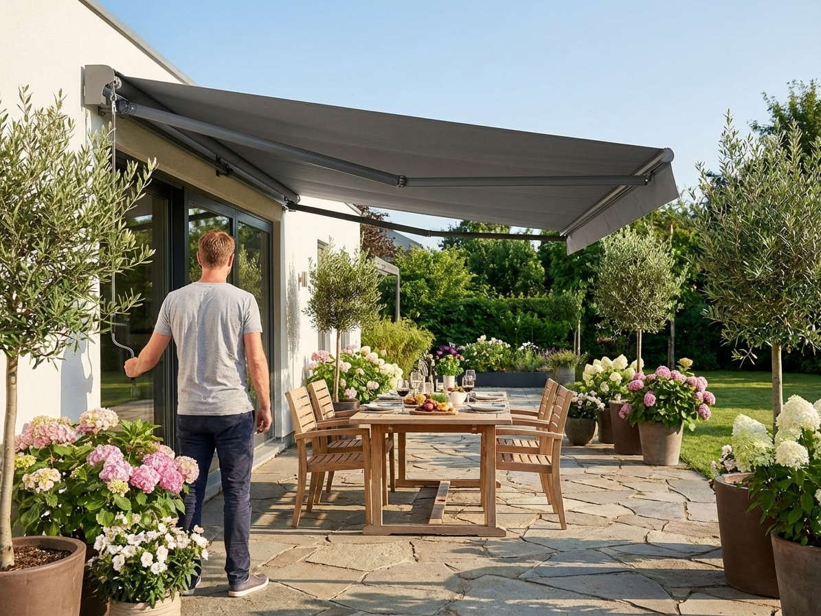 Grey outdoor awning with aluminium frame for garden and patio - product detail