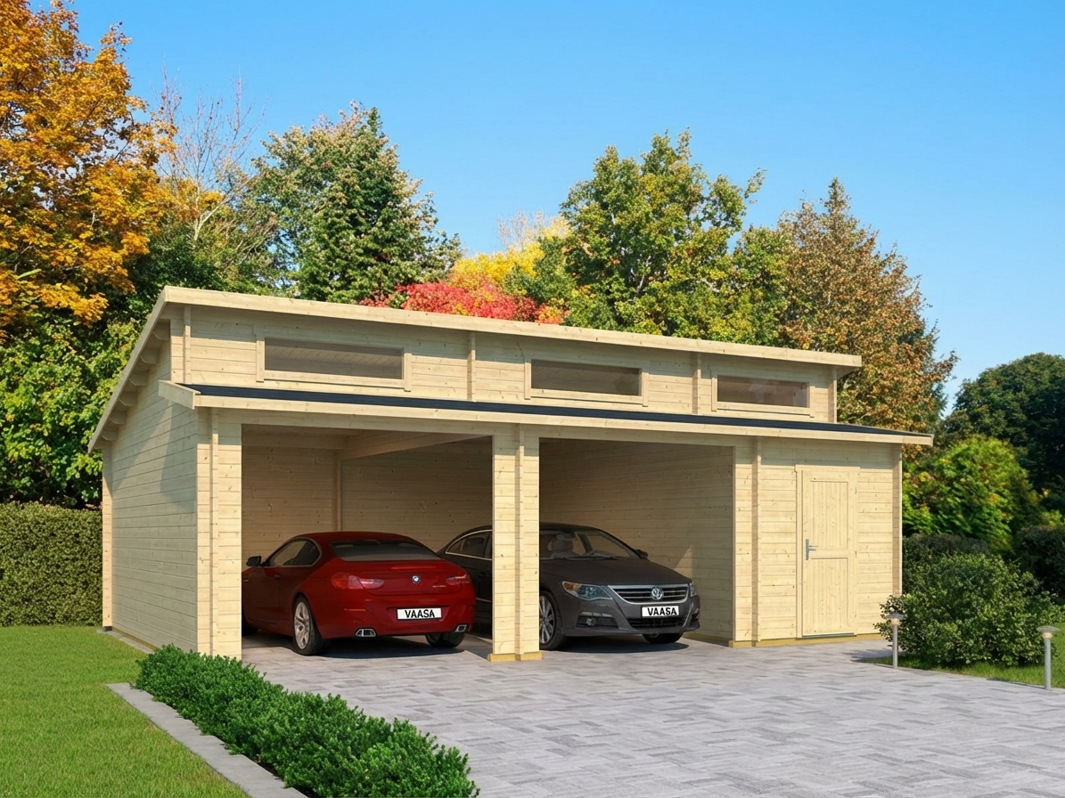 Wooden double garage made from Nordic Spruce in natural finish - product detail