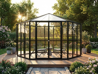 Hexagonal glass orangery with black frame