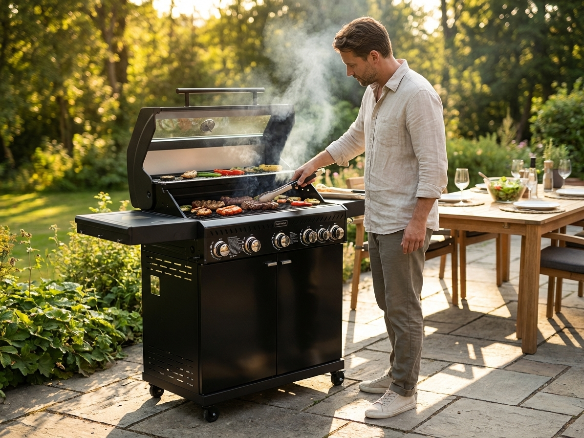 Black gas BBQ grill made of powder-coated steel for outdoor use