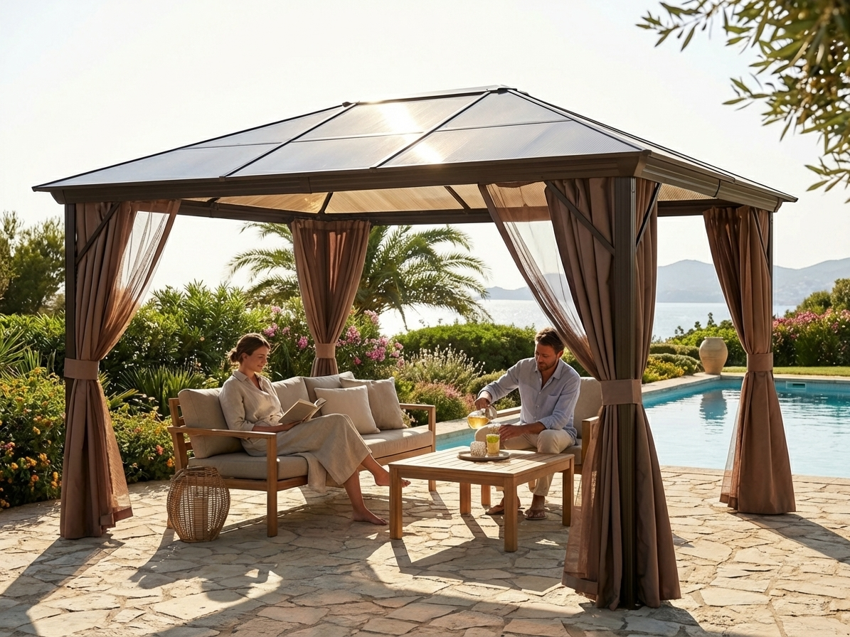 3x4m brown gazebo with aluminium frame and polycarbonate roof