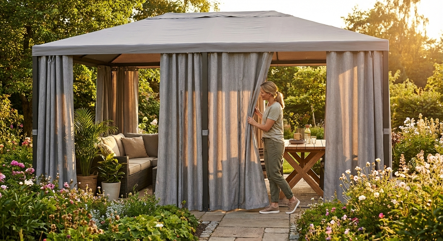Grey gazebo curtains made of mesh for outdoor use - view 3