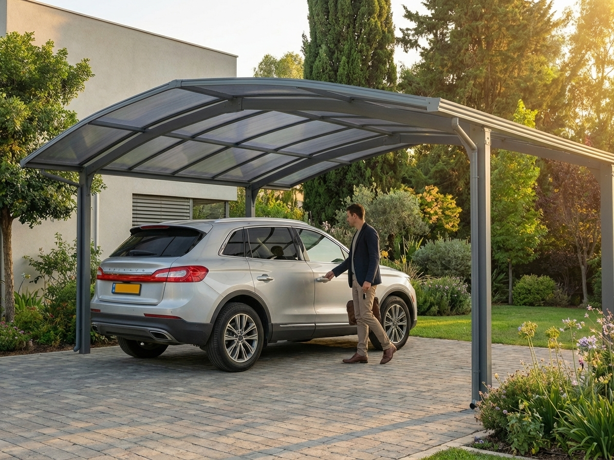 Polycarbonate carport in grey with aluminium frame for outdoor protection