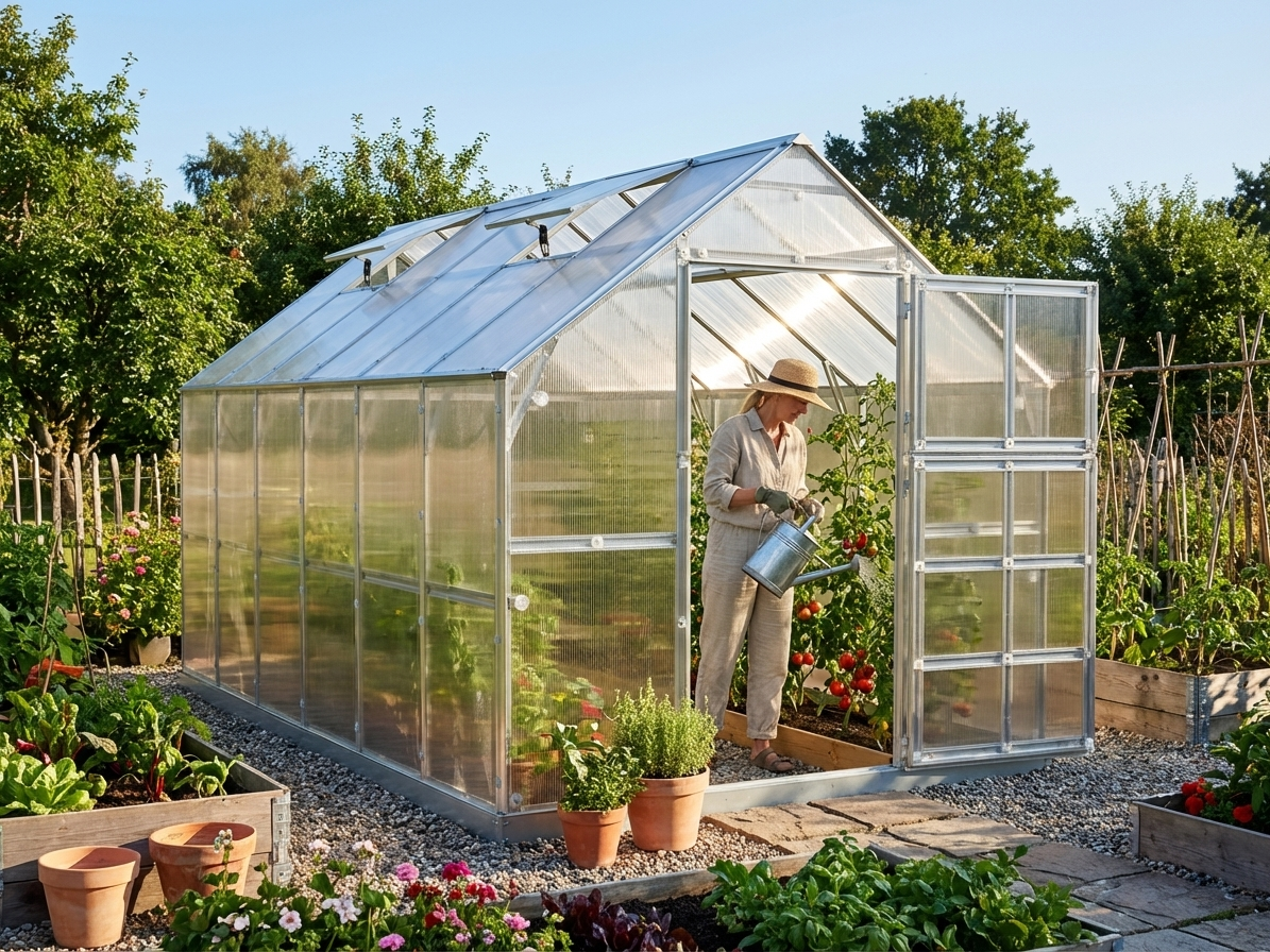 Polycarbonate greenhouse with galvanised steel frame in silver