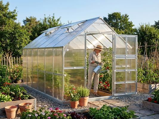 Polycarbonate greenhouse with galvanised steel frame in silver